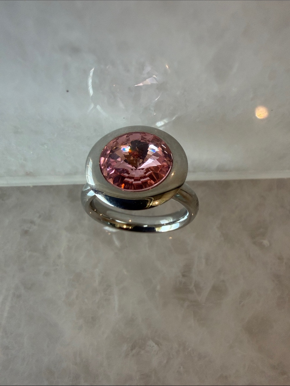 Sterling-Style Ring with Pink Oval Crystal